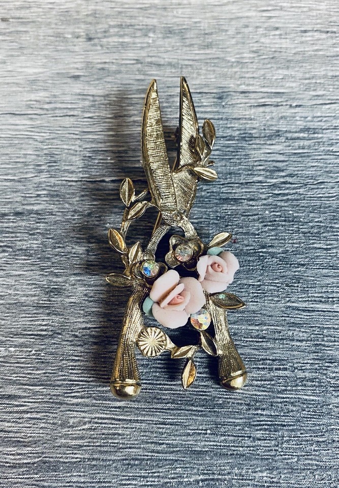 Vintage Garden Shears Scissors Brooch Pink Roses 1960s eBay