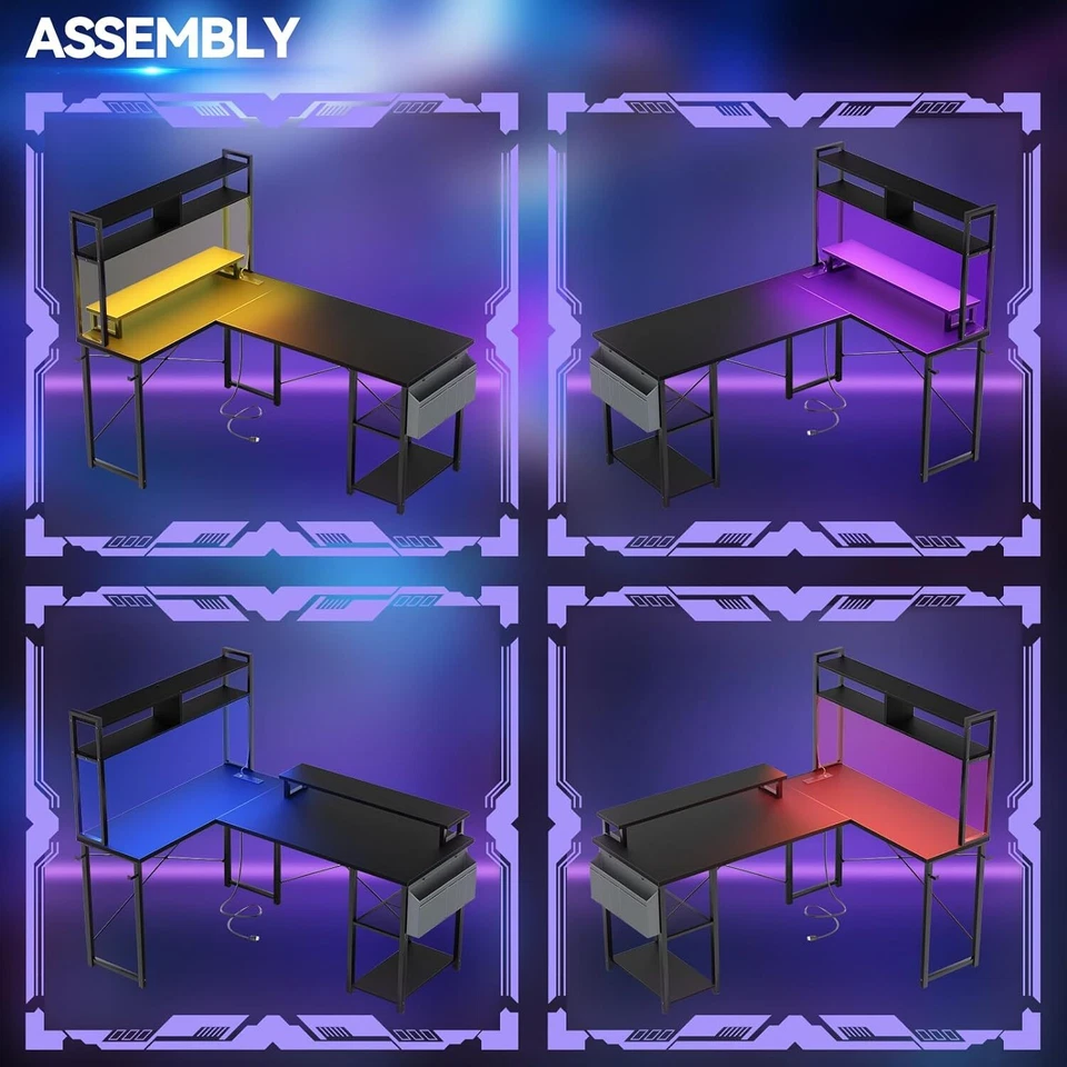 Escritorio para juegos de computadora reversible en forma de L con luces LED y tomas de corriente Foto 3 de 4