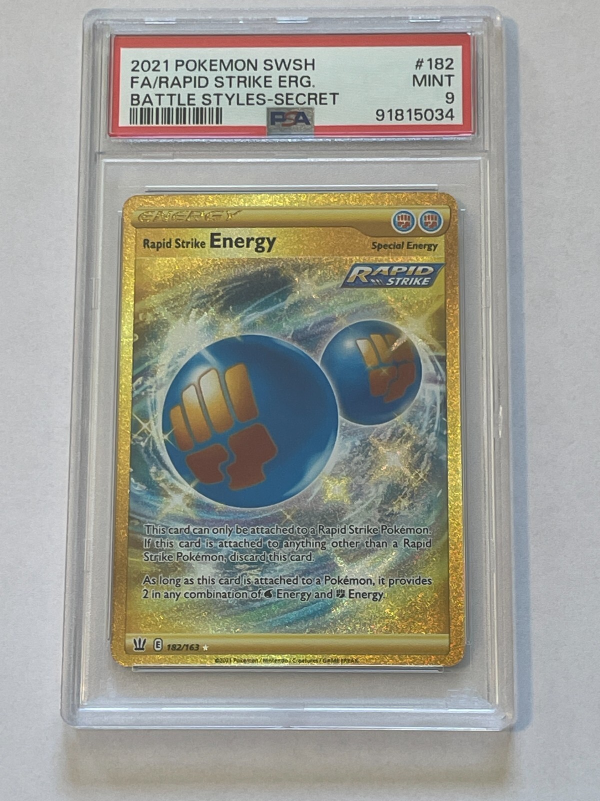 MINT Rapid Strike Energy! PSA 9! 2021 Pokémon Battle Styles 182 Gold Secret Rare