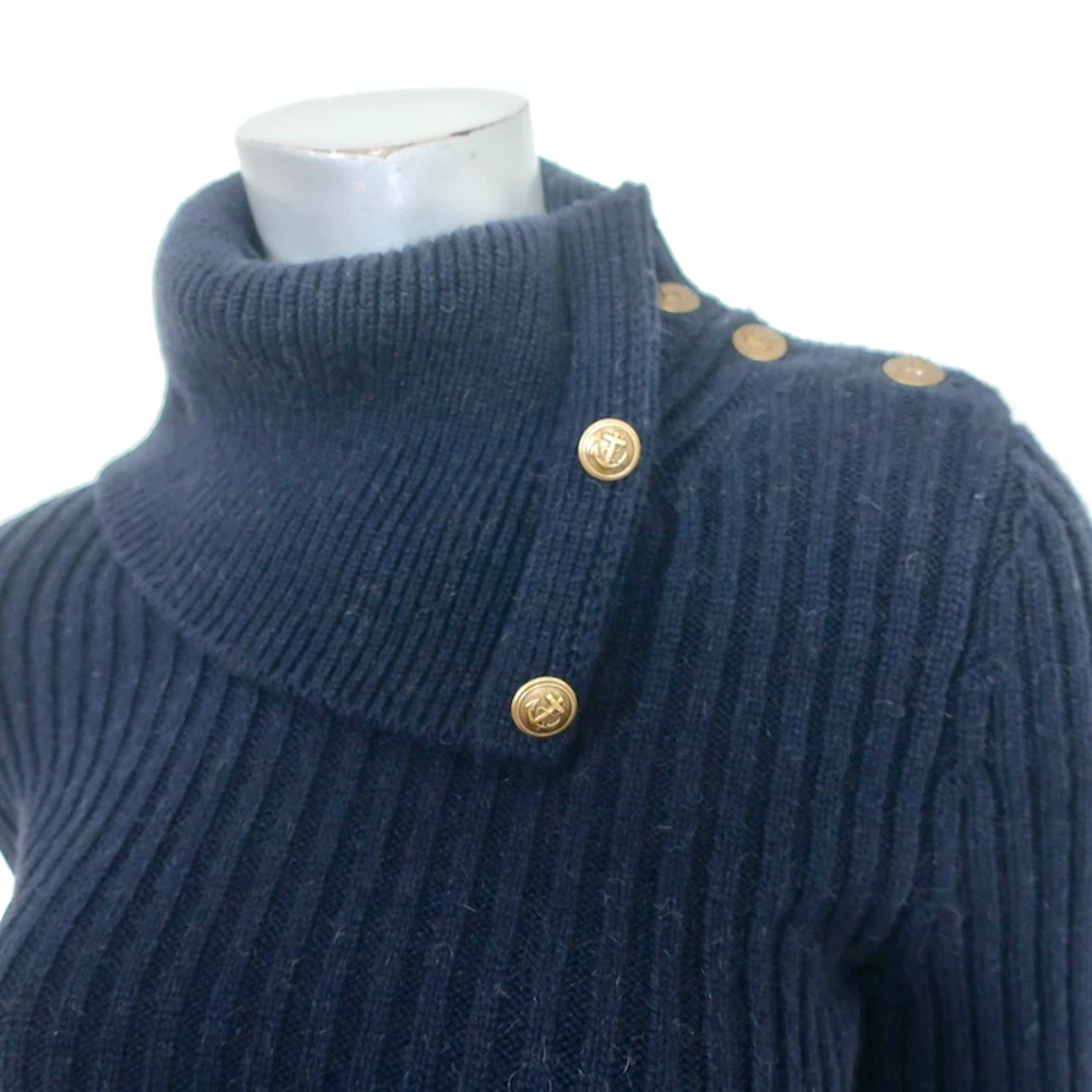 Saint Laurent Button-Embellished Sweater Dress Navy Ribbed