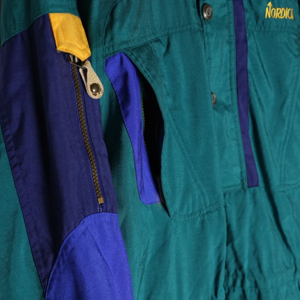 Chaqueta de esquí Nordica para adultos M cian con capucha 1/2 abotonados abrigo pesado años 90 vintage Foto 3 de 4