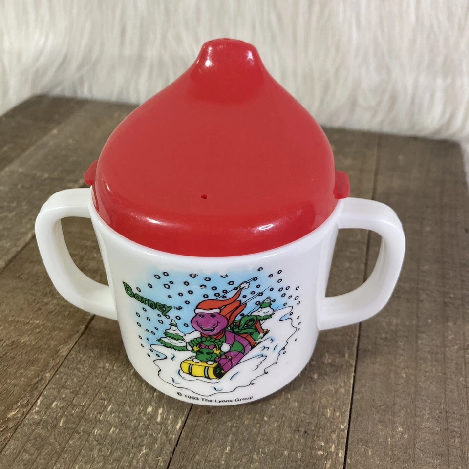 De colección 1993 Trineo Barney Dinosaurio 6 OZ Sippy Niño Taza Doble Mango con Tapa Foto 3 de 4