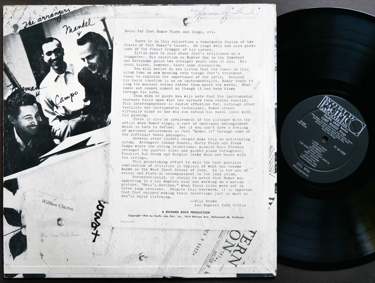 CHET BAKER Sings And Plays With Bud Shank.. LP PACIFIC JAZZ PJ