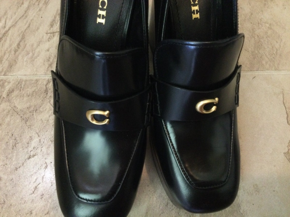 New $250 Coach Ilyse Black Leather Platform Heeled Logo