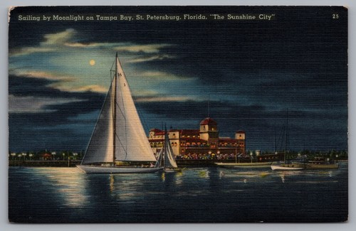 St Petersburg, Sailing by Moonlight, Tampa Bay, Florida. 1943 Postcard TSPS-5