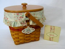 2001 Longaberger Vintage Blossoms Mother's Day Basket w/Lid, Liner, Tie-On