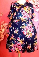 WOMEN PLUS SIZE BLUE FLORAL FLARE SLEEVE MIDI DRESS ( SIZE XL )
