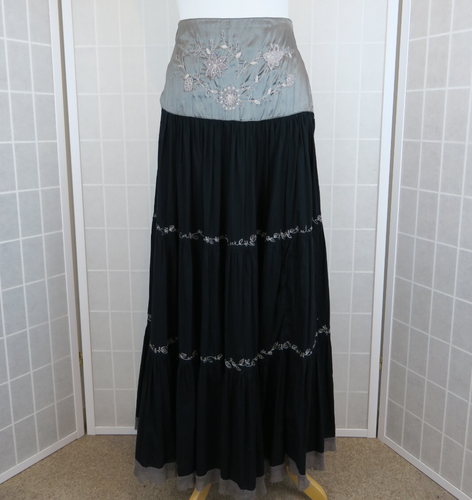 Per Una Maxi Skirt UK 12 Grey Black Embellished Satin Tiered 40" Long Full Skirt - Picture 3 of 15