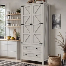 64.5" Tall Kitchen Pantry Storage Cabinet Cupboard with 2 Barn Doors & 2 Drawers