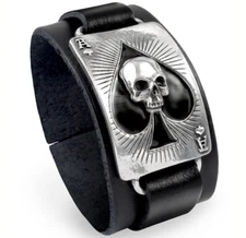 LAST CHANCE! Alchemy Gothic Ace Spades Black Leather Wrist Strap Luck Skull ULA1