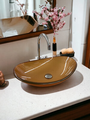 OUBONI 16-Inch Round Gold Ceramic Vessel Sink Combo – With Waterfall Faucet & Pop-Up Drain, Above-Counter Mount