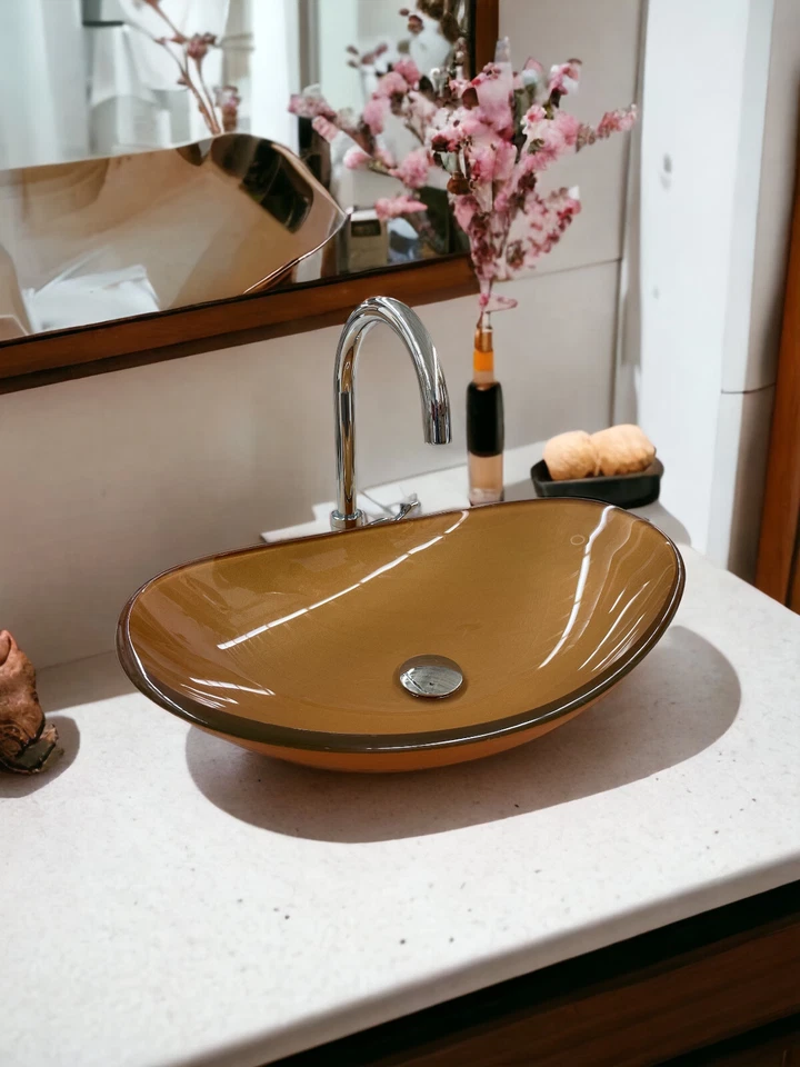 Fregadero de vidrio ovalado templado para baño ORB grifo y desagüe emergente conjunto combinado dorado- Foto 2 de 4