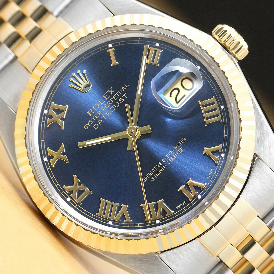 ROLEX MENS DATEJUST TWO TONE BLUE ROMAN DIAL QUICKSET WATCH + ROLEX BAND