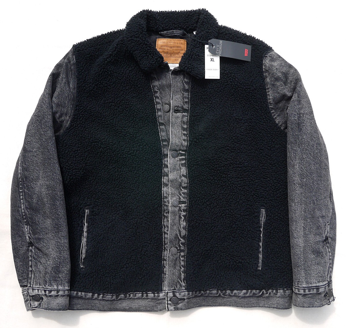 LEVIS Premium Sherpa Panel Trucker Faux Fur Rare Jacket Black  