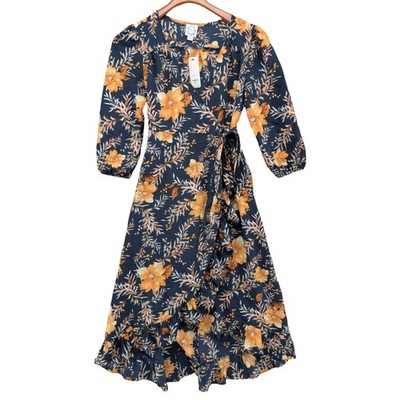 Francescas Blue Rain Midi Wrap Dress Navy Gold Floral Half Sleeve Size S