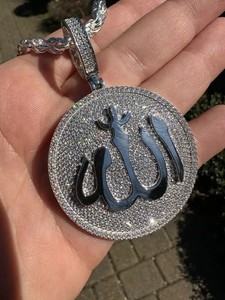 Authentic 14K White Gold Plated Silver 3 Ct Round Cut Real Moissanite Allah Arabic Pendant