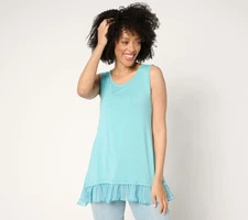 LOGO by Lori Goldstein Knit Tank Top with Hi-Low Chiffon Hem Aquarella XXS New