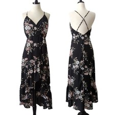 Lulus Womens Dress Gild The Lily Black Floral Print High Low Maxi Wrap Small $72