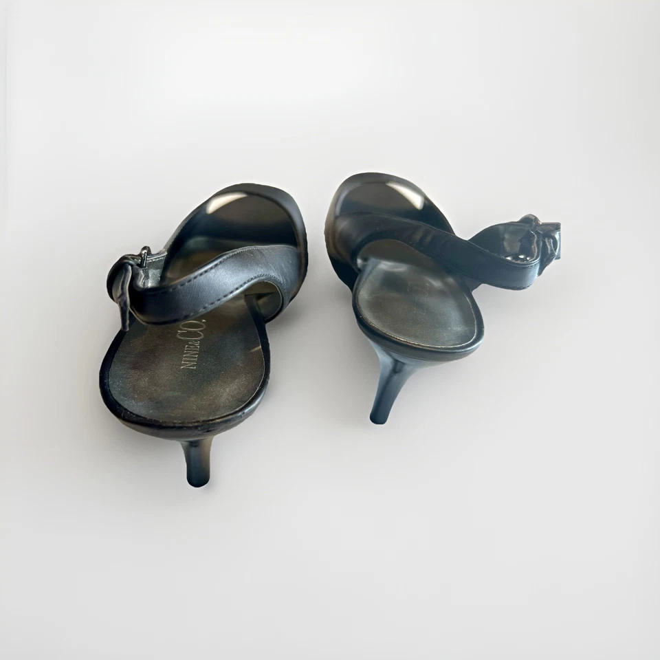 Nine & Co. 黑色露背露趾厚底高跟鞋皮革麂皮绒底部 — 第 3/4 张图片