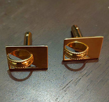 Men's Gold Tone Rectangle Cufflinks Metal Pair No Stone With Oval Detail