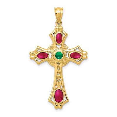 14k Yellow Gold Ruby and Emerald Cabochon Cross Pendant 3.6 g