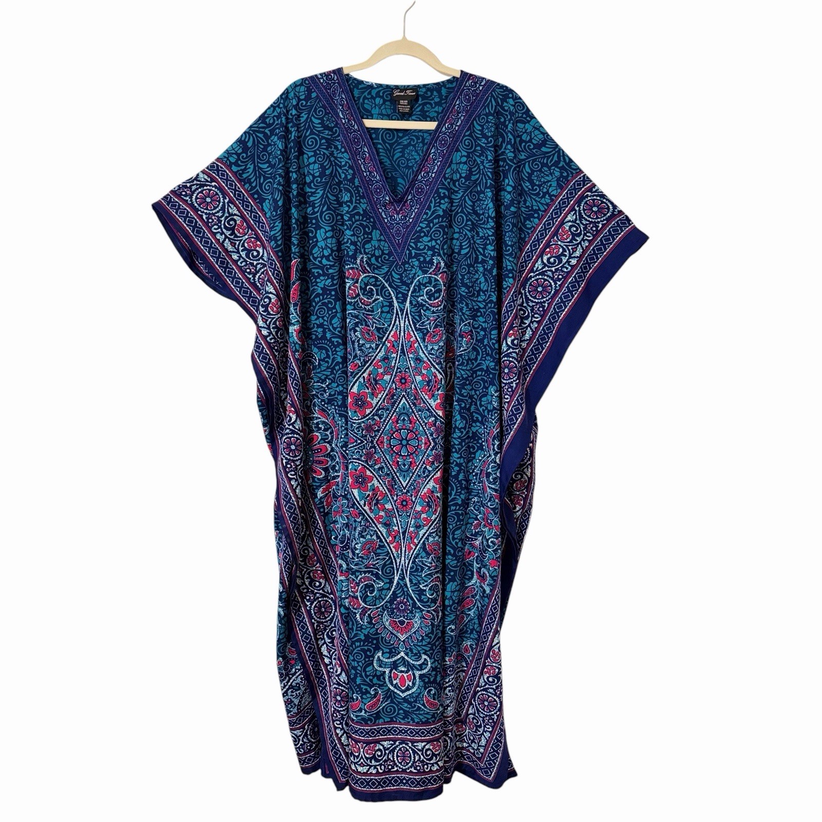 VTG Goood Times Kaftan Dress Women Plus 1X 2X 3X Blue Paisley Maxi Boho Muumuu