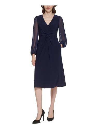 JESSICA HOWARD Womens Navy Lined Bodice Long Sleeve Fit + Flare Dress Petites 6P