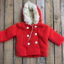 Vintage Red Fleece Faux Fur Hooded Coat Jacket 18 Months USA Made