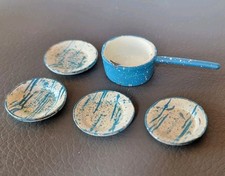 Vintage Dollhouse Kitchen Enamel Dishes Plates  Sauce Pot 5 Pc Graniteware Set