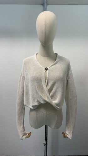 Sarah Pacini White Linen Knit Wrap Front Cropped Sweater Size OS