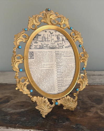 Fabulous Antique Ornate Metal Gold Stand Up Easel Picture Frame w/Cabochons