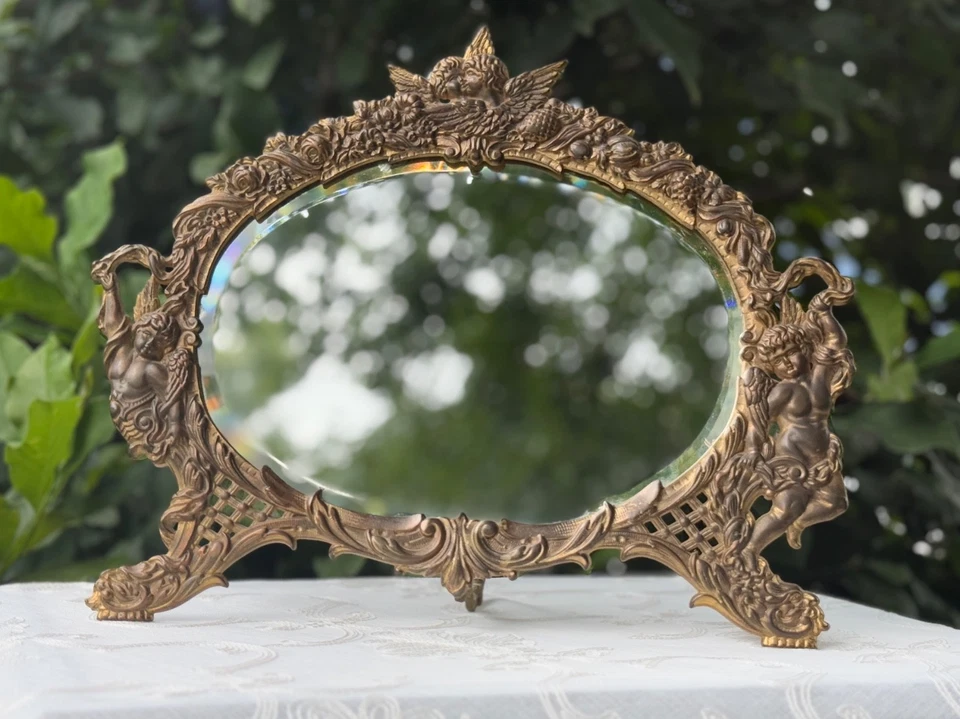 Antique NB&IW Brass Victorian CHERUBS & BEVELED Edge MIRROR - Image 2 of 4