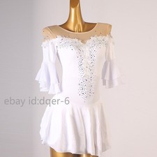 Womens Rhinestone White Figure Skating Dress Gymnastics Dress Girl Skating Dress