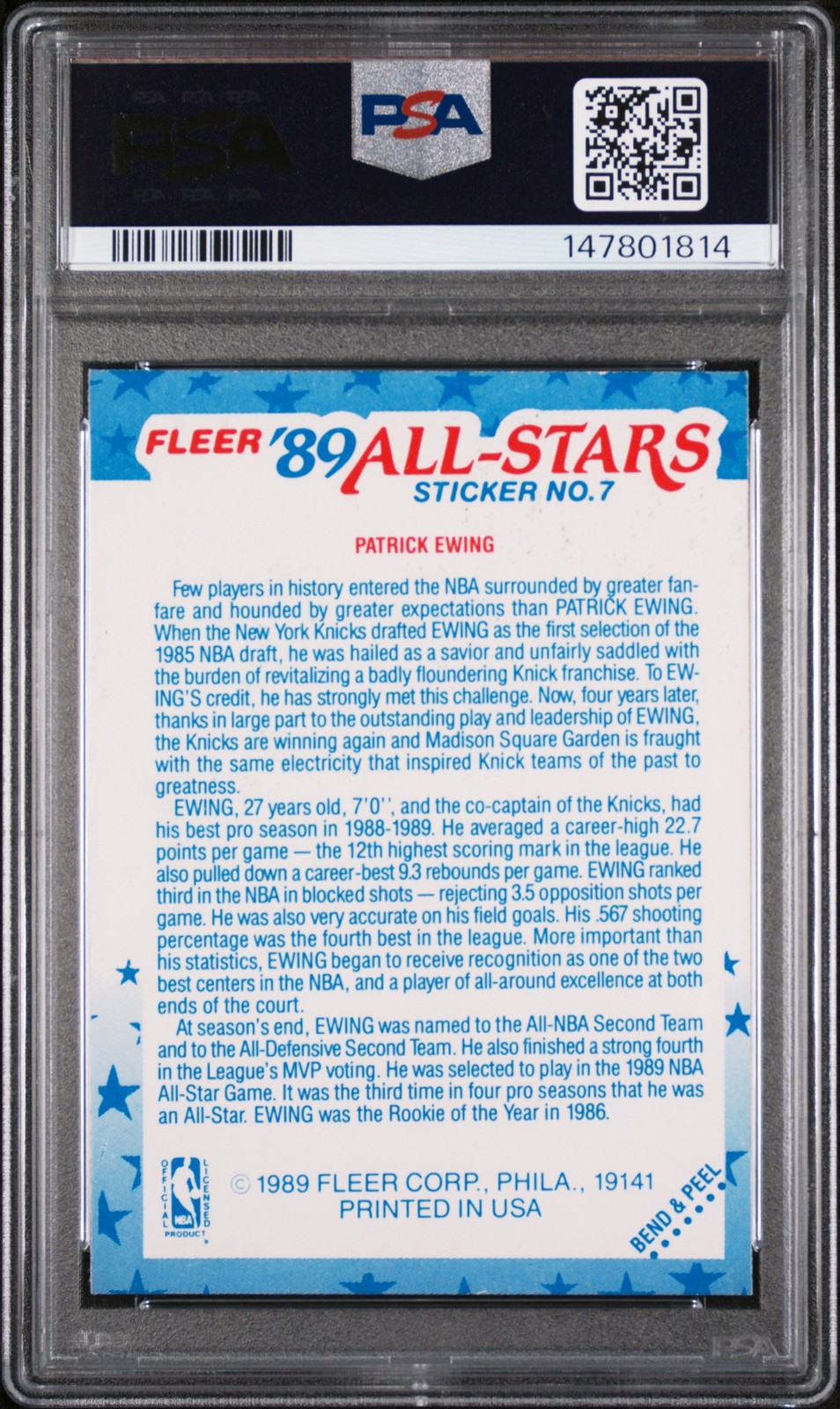 1989 Fleer Sticker #7 Patrick Ewing PSA 8 Knicks HOF NBA Basketball Vintage Card view 2