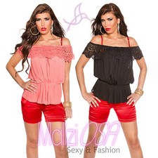 Maglia Maglietta Top Scollo Carmen Plissettato Pizzo Merletto Donna Moda Sexy