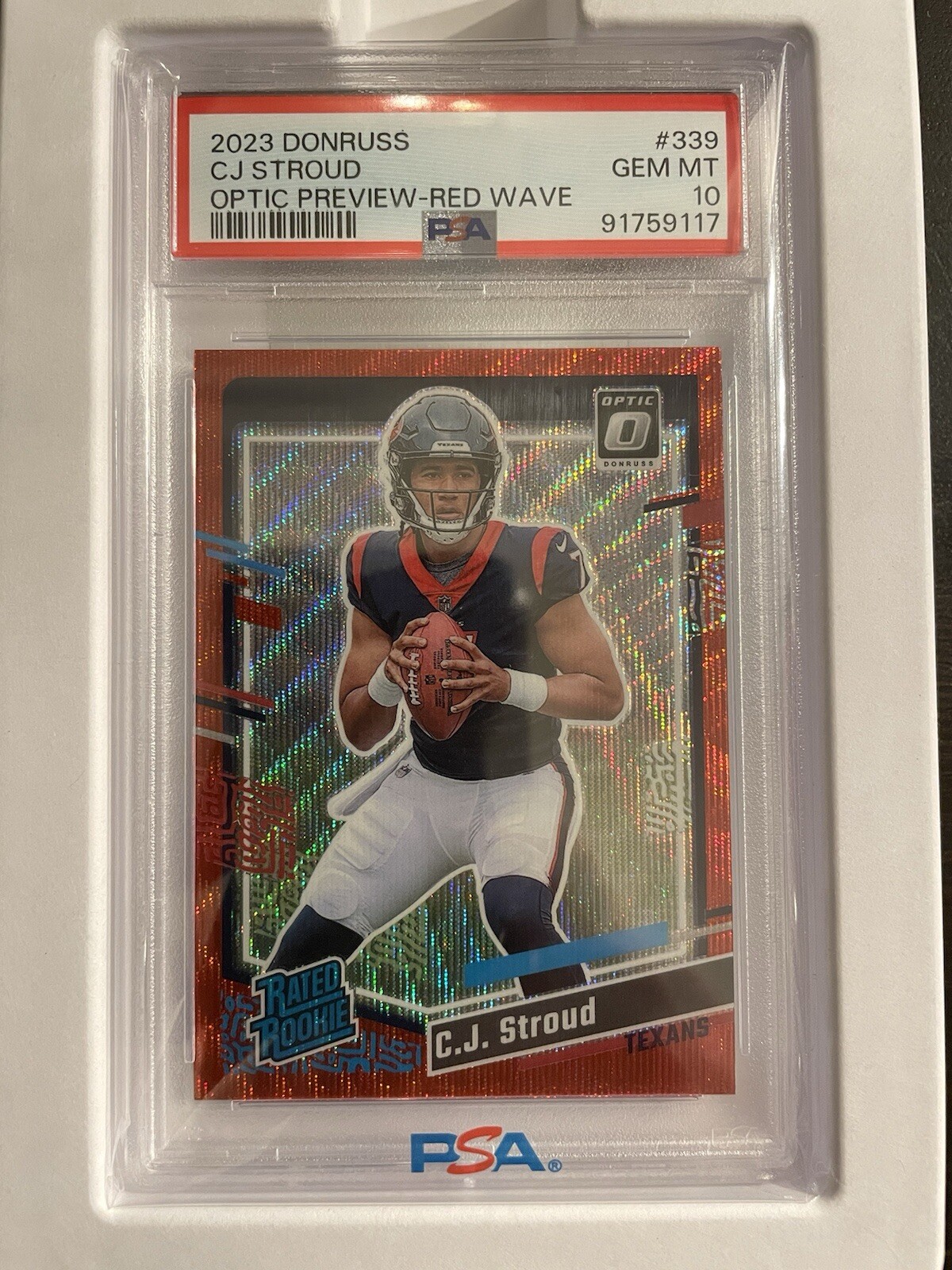 2023 PANINI DONRUSS #339 CJ STROUD OPTIC PREVIEW-RED WAVE ROOKIE PSA 10