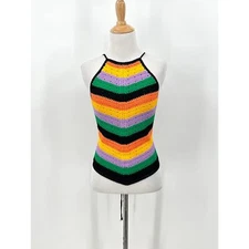MAJE Stripe Crochet Halterneck Top Womens Medium Chevron Rainbow Stripe NEW