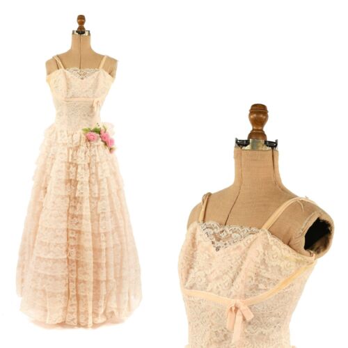 Vintage 50s Peach Pink  Sheer Floral Lace Tiered Ruffle Cupcake Prom Party Dress