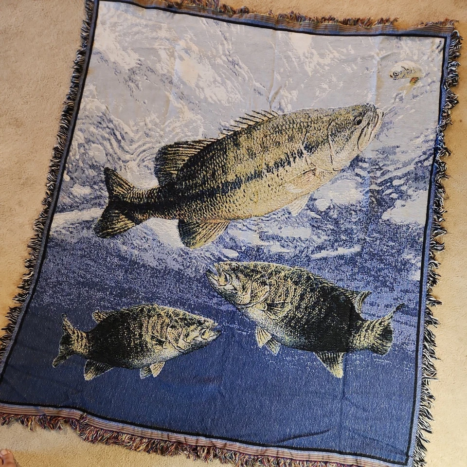Manta tejida tapiz pez lubina pescador pesca 60 x 50 excelente estado Foto 4 de 4