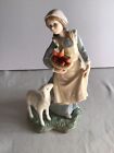 Woman With Fruit Basket Farm Lamb Figurine, Glazed Porcelain 9 Inches