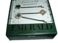 3 Emerald Rhinestone 2.5" Golden Bobby Pins New w Box