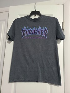 Thrasher Classic Flame Logo Skate Magazine Gray Blue & Purple T-Shirt Medium 