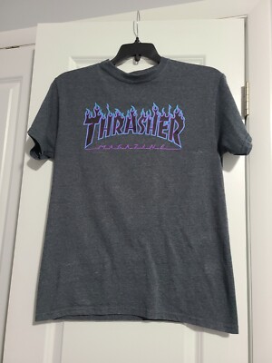 Thrasher Classic Flame Logo Skate Magazine Gray Blue & Purple T 