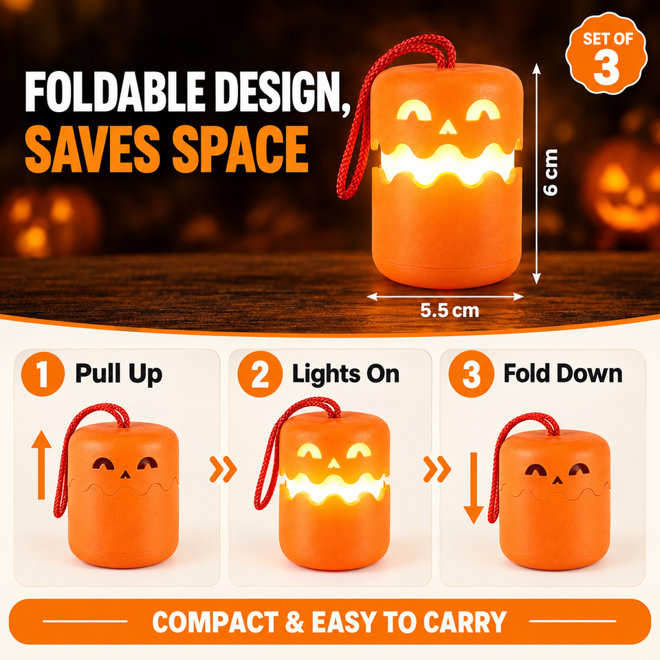 3 Pk Halloween Foldable Pumpkin Lanterns LED Light Up Hanging Jack O ...