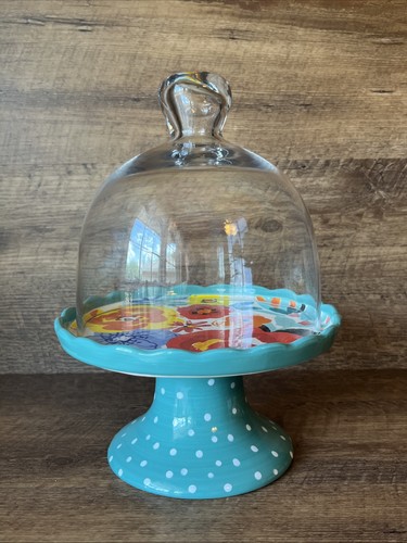 Pioneer Women Flea Market Mini Ceramic Cake Stand + Glass Dome Turquoise Floral