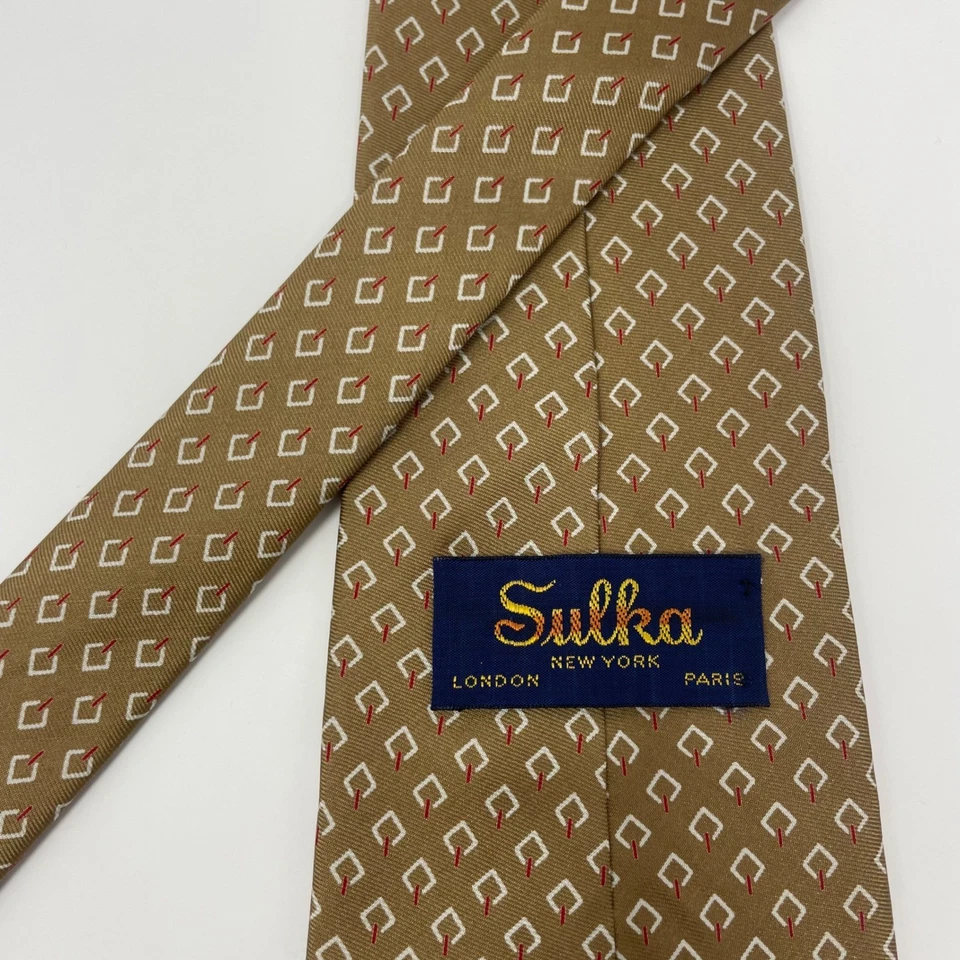 Галстук Sulka коричневый геометрический узор Лондон Нью-Йорк Париж все шелк унисекс - Изображение 4 из 4