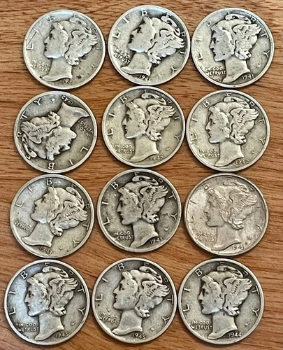 Mercury Dimes 1941 to 43 P.S,D plus ,44P, 45 P,D Coins 90% Silver Good Condition