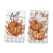 Set of 2 Orange/Beige Pumpkin Leaves Kitchen Towels 18x26 Inch