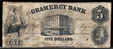 Nov 25, 1852 Lafayette Indiana Gramercy Bank $5 Dollar Note Obsolete Banknote