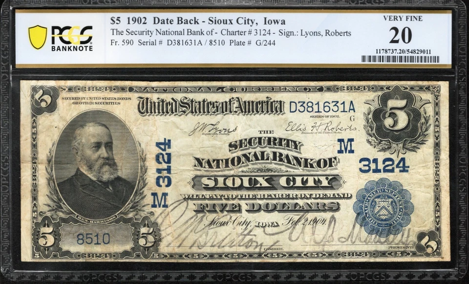 1902 $5 SIOUX CITY, IA DATE BACK NATIONAL BANK NOTE PCGS 20 8510 - Image 2 of 3